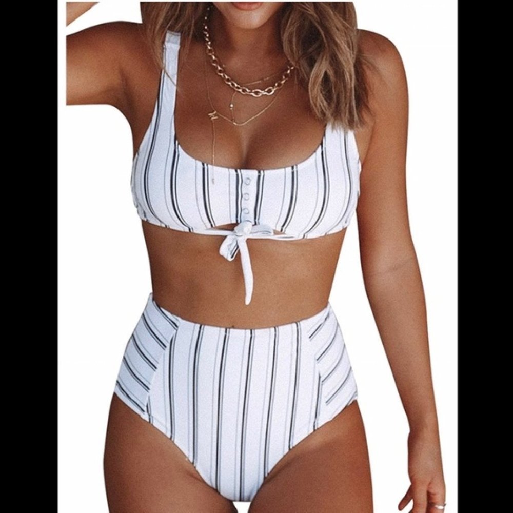CupShe Black White Vertical High-Waisted Bikini